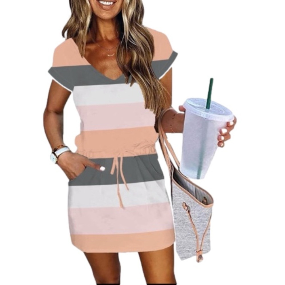 ETCYY NEW T-Shirt Dress V-Neck Tie Waist Short Sleeve Wide Stripes Women L NWT